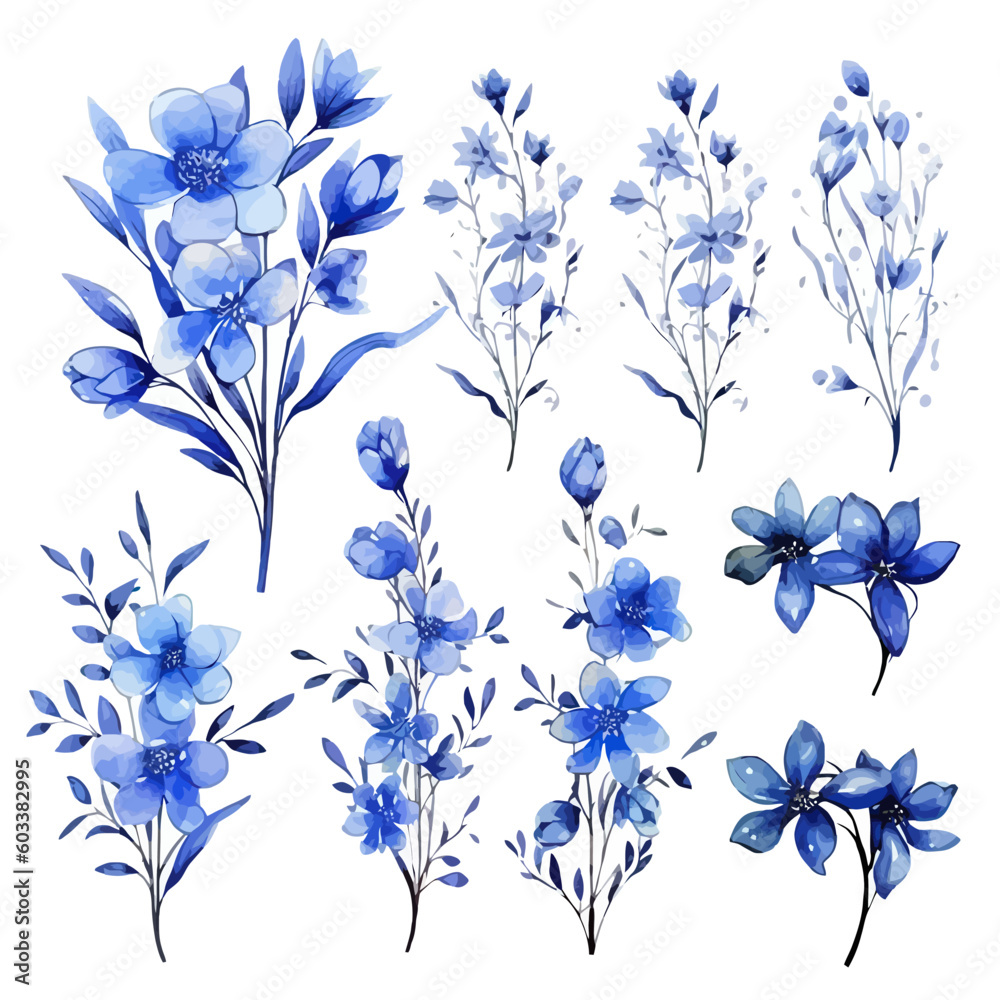 Fototapeta premium Set of blue floral watecolor. flowers and leaves. Floral poster, invitation floral. Vector arrangements for greeting card or invitation design