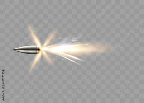 Gunshots, bullet in motion, military smoke trails. Realistic flying bullet in motion. Smoke traces isolated on transparent background. Handgun shoot trails.