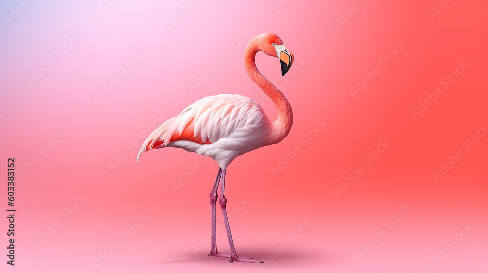 Fototapeta premium Flamingo on pink backdrop, banner copy space, ai generated
