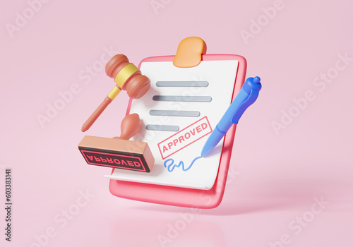 Contract signing clipboard paper approved stamp seal law learning education legislation attorney decisions concept. judgement hammer pen advisor, court, gavel, Judge arbitrate courthouse. 3d rendering