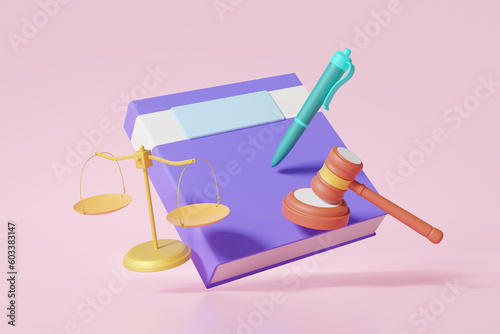 Obraz na plátně Law learning education legislation attorney decisions concept book judgement hammer scales pen floating on pink background, advisor, court, gavel, Judge arbitrate courthouse