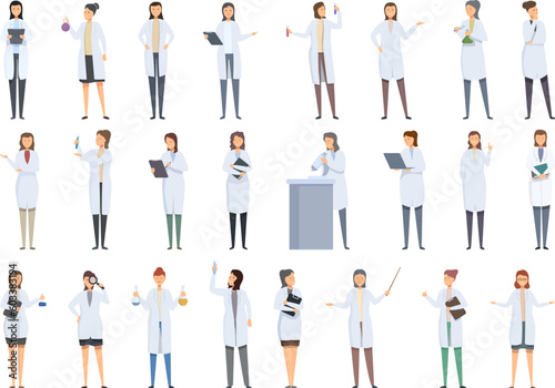 Woman scientist icons set cartoon vector. Female work. Doctor lab