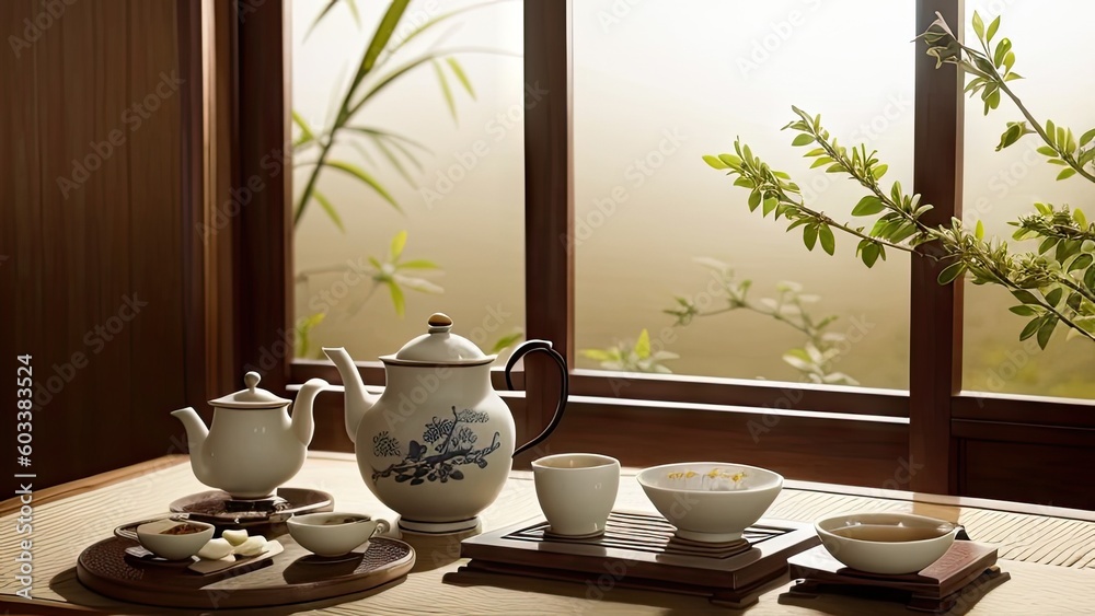 Japanese Tea Set. Asia Culture. Relaxing Scene. Warm Color. Hot Drinks. Generative AI Japanese Tea Set. Asia Culture. Relaxing Scene. Warm Color. Hot Drinks. Generative AI