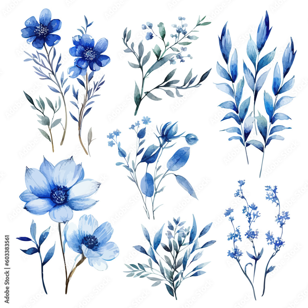 Set of blue floral watecolor. flowers and leaves. Floral poster, invitation floral. Vector arrangements for greeting card or invitation design
