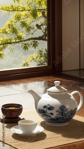 Japanese Tea Set. Asia Culture. Relaxing Scene. Warm Color. Hot Drinks. Mobile Ration. Generative AI
