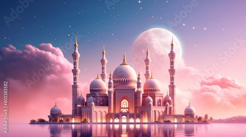 Colorful luxury mosque with crescent moon background. Generative AI.