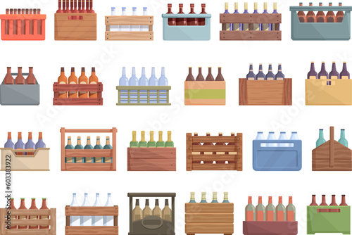 Drink crate icons set cartoon vector. Milk delivery. Fat paper