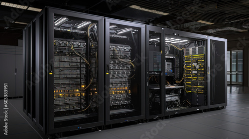 Data server center background, digital hosting, yellow light