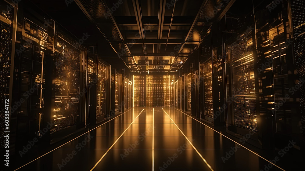 Data server center background, digital hosting, golden neon lights