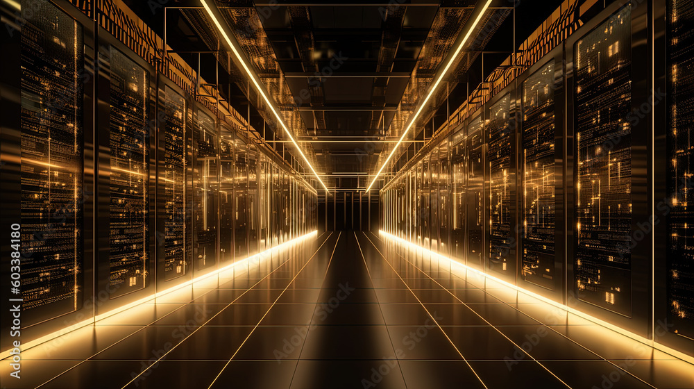 Data server center background, digital hosting, golden neon lights
