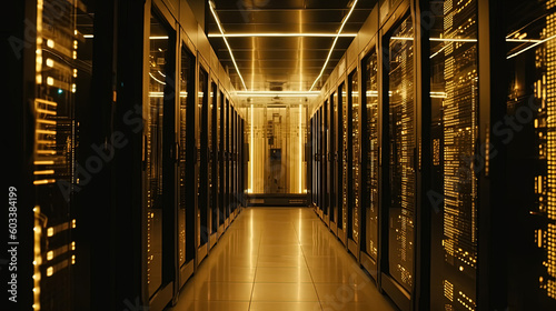 Data server center background, digital hosting, golden neon lights