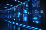 Data server center background, digital hosting, blue light