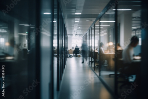 Blurred office cubicles with people engaged in work, business, blurred Generative AI
