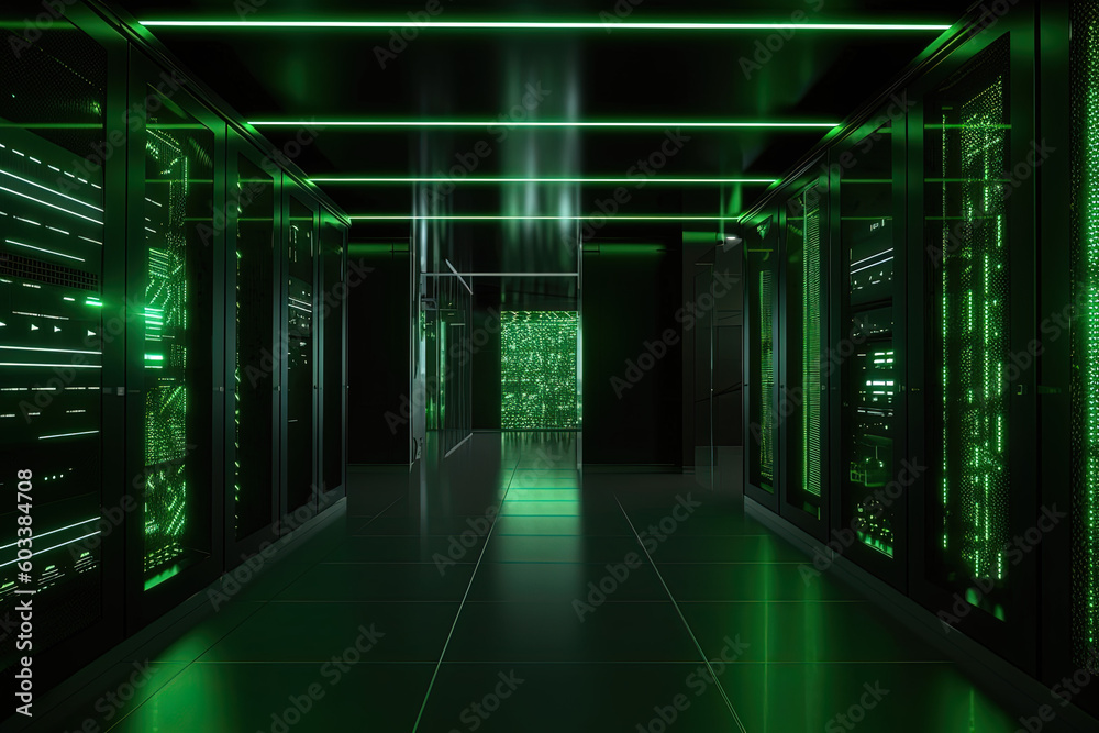 Data server center background, digital hosting, green neon lights Data server center background, digital hosting, green neon lights
