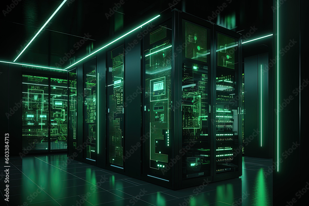 Data server center background, digital hosting, green neon lights Data server center background, digital hosting, green neon lights
