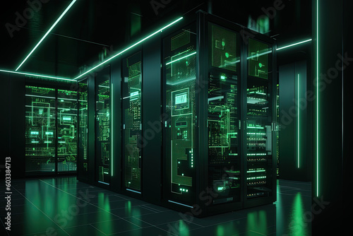 Data server center background, digital hosting, green neon lights