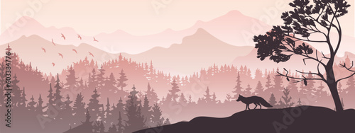 Horizontal banner. Silhouette of fox standing on hill. Mountains and forest in the background. Magical misty landscape, trees, animal. Violet illustration, banner.