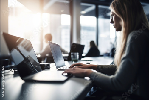 Blurred image of a businesswoman working on a laptop in a modern office, business, blurred Generative AI