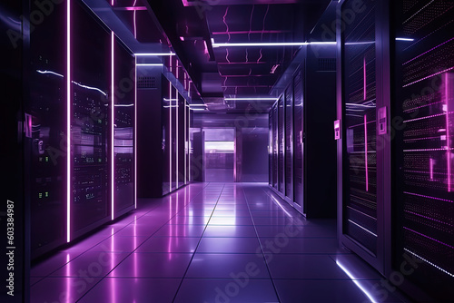 Data server center background, digital hosting, purple neon lights