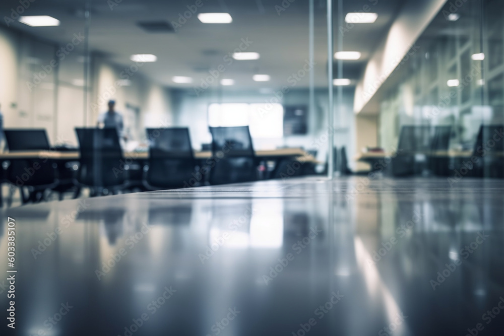 Blurred office meeting room with a large conference table, business, blurred Generative AI