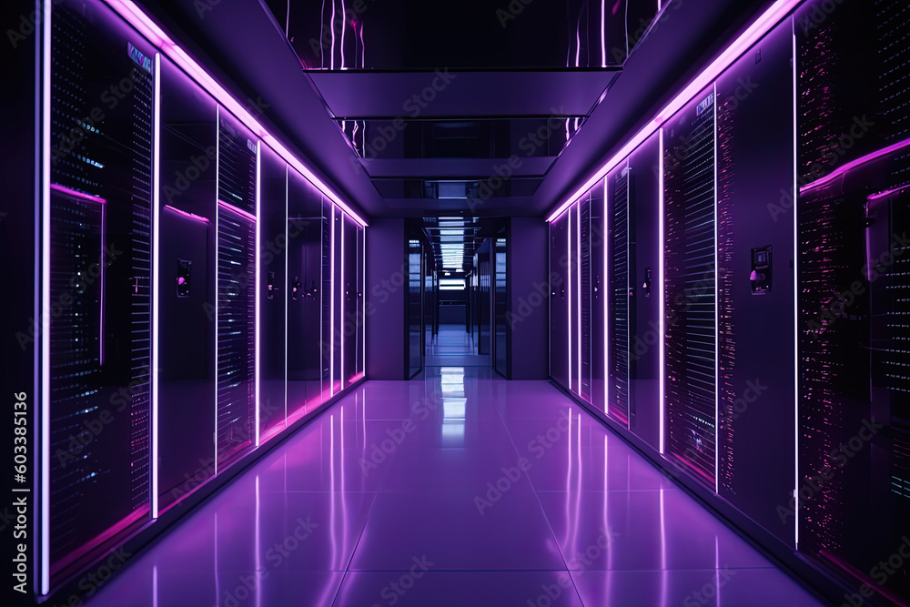 Data server center background, digital hosting, purple neon lights