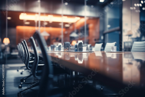 Blurred office meeting room with a large conference table, business, blurred Generative AI photo