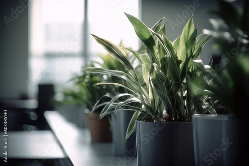 Blurred image of office plants and greenery, business, blurred Generative AI