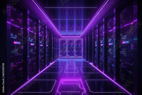 Data server center background  digital hosting  purple neon lights