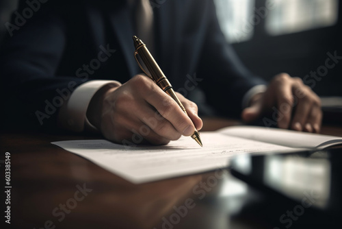 Blurred image of a person signing documents at a desk, business, blurred Generative AI