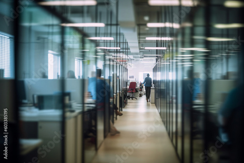 Blurred office cubicles with employees on phone calls, business, blurred Generative AI