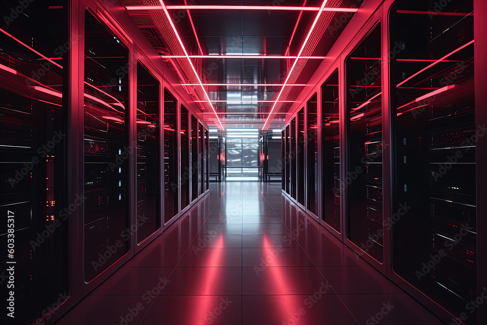 Data server center background, digital hosting, red lights