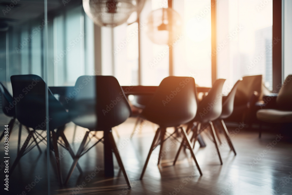 Blurred background of a meeting room with a round table and chairs, business, blurred Generative AI