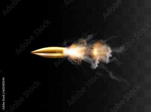 Gunshots, bullet in motion, military smoke trails. Realistic flying bullet in motion. Smoke traces isolated on transparent background. Handgun shoot trails.