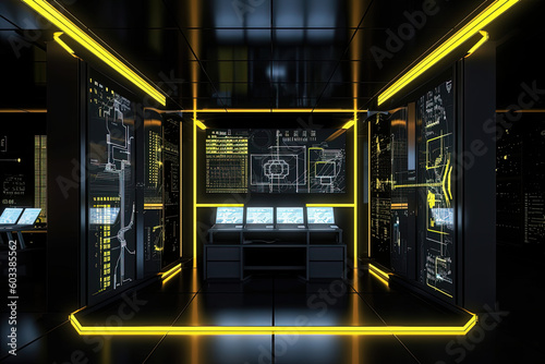 Data server center background, digital hosting, yellow neon lights 