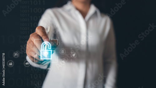 Fotografie AI technology security system, authentication login, hand holding electric pen touch to unlock on virtual screen, pre-login identification and stored information system
