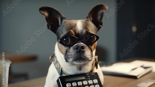 Wide eyed puppy looks intimidated and surprised with calculator. AI Generative © We3 Animal