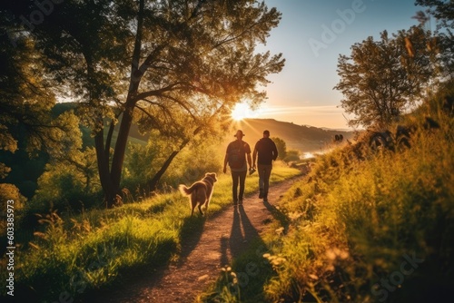 People walking on a trail with dogs in the countryside at sunset - AI generated © mbruxelle