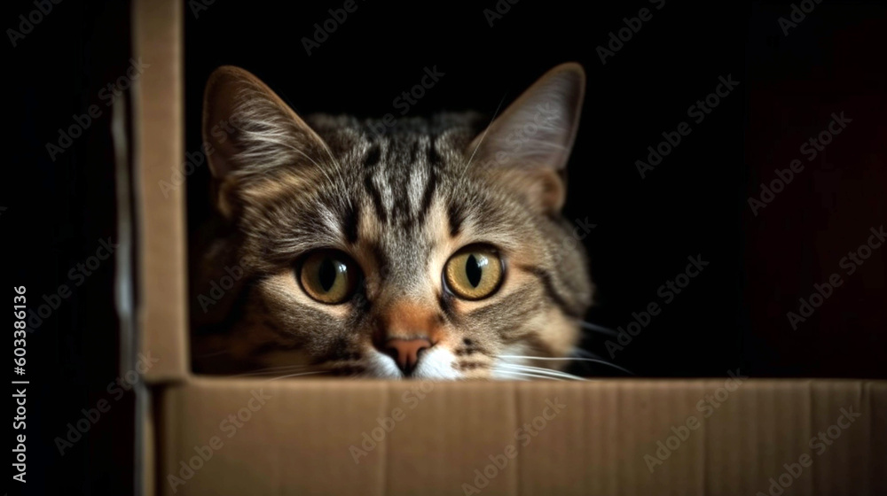 Portrait of a funny cat looking out of the box. AI Generative