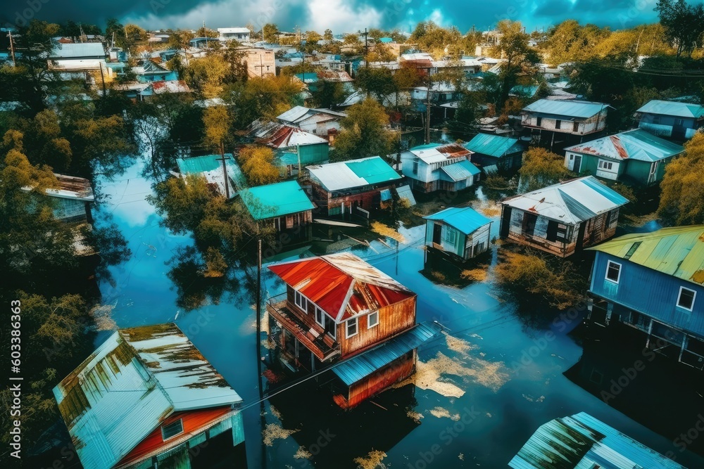 Aerial drone view  of flooded homes during flood event - AI Generated