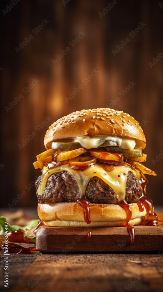 Juicy hamburger made from ground beef with fresh ingredients. Generative AI Juicy hamburger made from ground beef with fresh ingredients. Generative AI