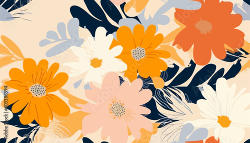 Hand drawn simple abstract flowers print. Trendy bright collage pattern. Fashionable template for design