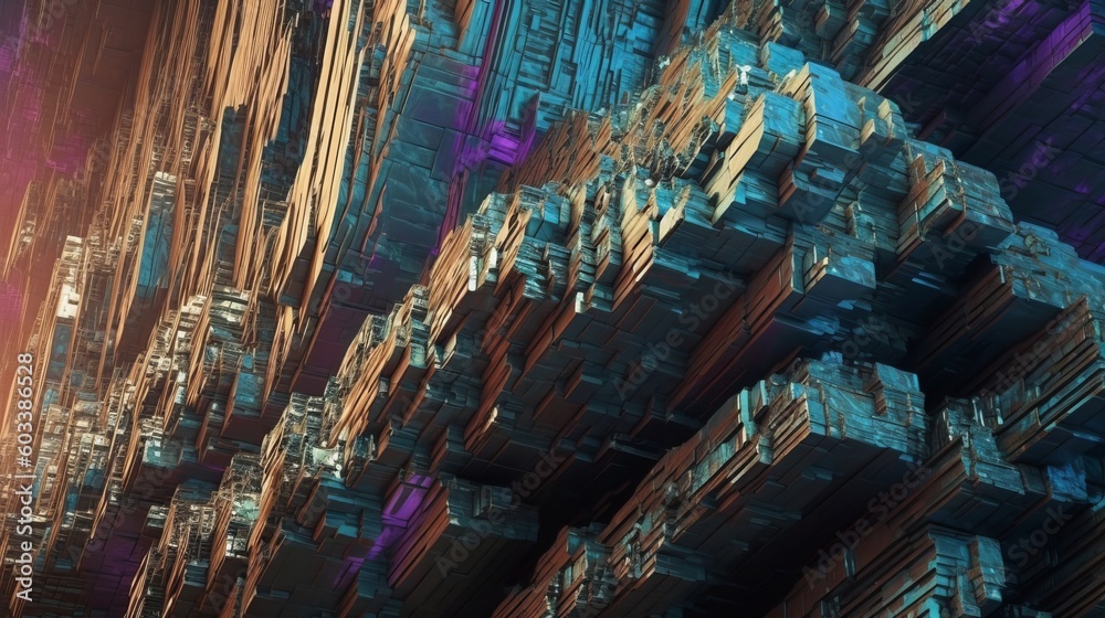 3D render art of iridescent bismuth rock wall