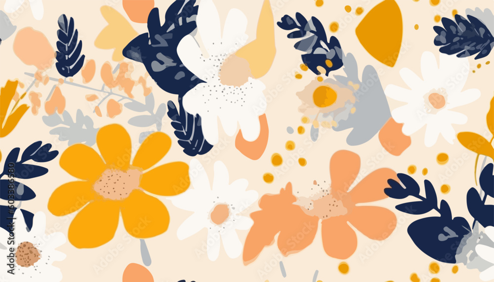 Hand drawn simple abstract flowers print. Trendy bright collage pattern. Fashionable template for design Hand drawn simple abstract flowers print. Trendy bright collage pattern. Fashionable template for design