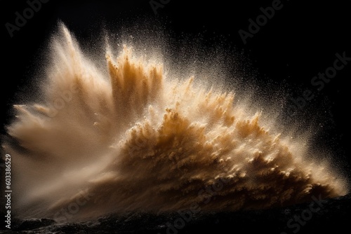 Sand explosion, with splashes of golden colored sand against a dramatic dark background, beautiful art of generative ai
