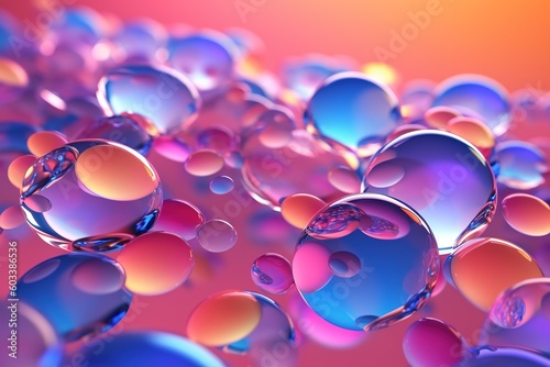 Colorful glass bubbles floating on a mesmerizing pink and blue gradient background, beautiful art of generative ai