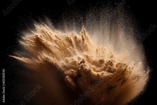 Fotografia Sand explosion, with vibrant splashes of gold against a captivating dark backgro
