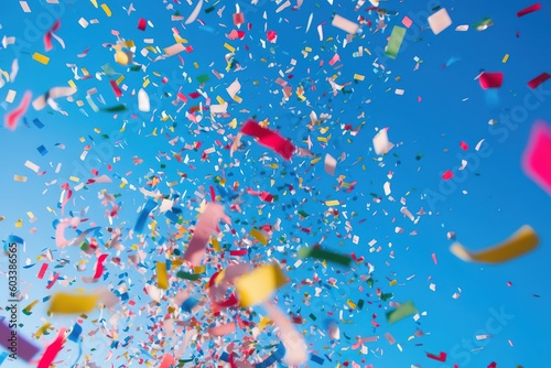 Low angle view of a colorful confetti rain showered against a clear blue sky
