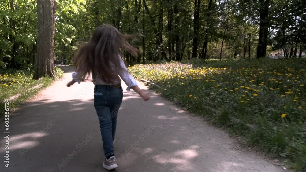 Rear view of child walking along the path in the park. Rear view of child walking along the path in the park.