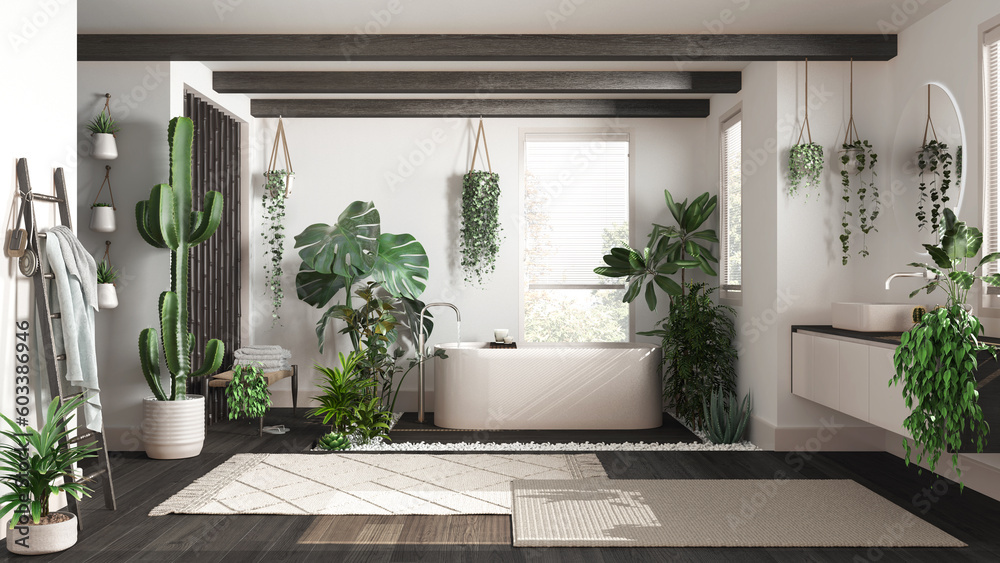 Urban jungle interior design, dark wooden bathroom in white and beige tones with many houseplants. Freestanding bathtub and washbasin. Biophilic concept idea