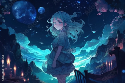 少女と月と都市の夕暮れアニメ背景